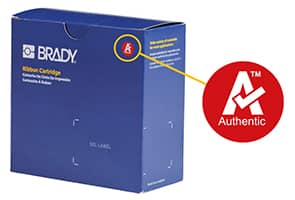 Authentic malzeme logosu Brady M610 yazıcı etiket kutularının üzerinde bulunmaktadır.