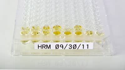 Beyaz etikete sahip bir kuyucuk plakası.