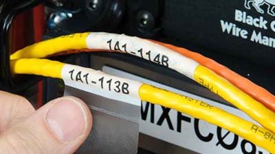 Sunucu rafına kendinden laminasyonlu datakom teli etiketi yapıştıran bir el.