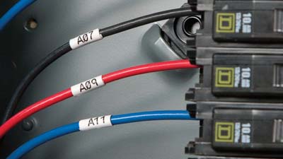 Elektrik panosu içindeki etiketlenmiş siyah, kırmızı ve mavi kablolar.