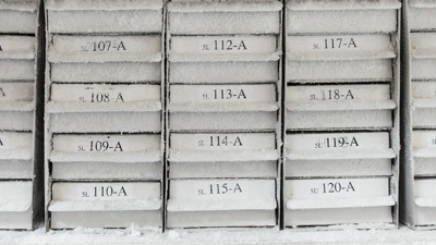 Düzenli şekilde etiketlenen buzla kaplı dondurucu çekmeceleri.