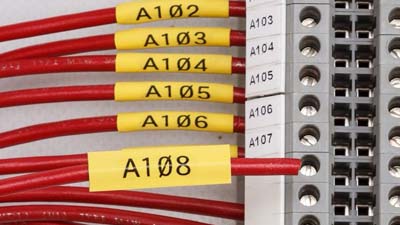 Her birinde A102, A103 ila A108 yazan altı adet sarı, ısıyla daralan makaron, her biri bir devre panosuna bağlı.