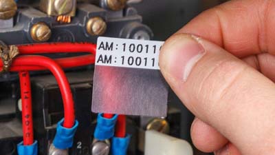 Bazı elektrikli komponentlerin önünde kendinden laminasyonlu vinil, sarma etiket tutan bir teknisyen. Etiket beyaz üzerine siyah yazılarla basılmış ve yapıştırıldığında, korumak için etiketi saran şeffaf bir bölümü var