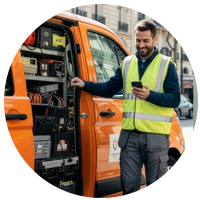 arka planda minibüsle telefona bakan montajcı