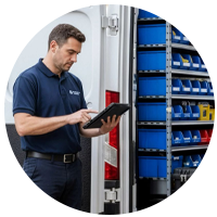 Arka planda açılmış minibüsü olan montajcı